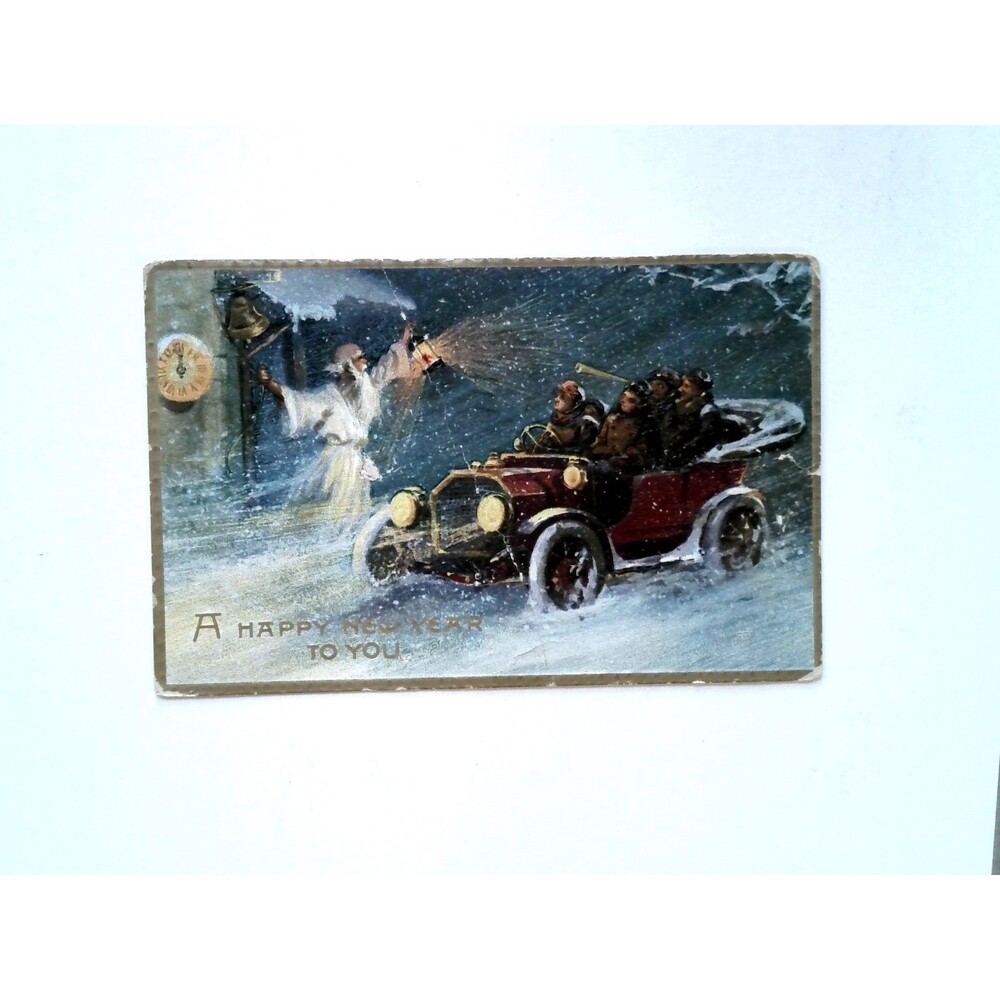 1912 New Year Postcard Father Time Classic Car Snow Scene Germany DAMAGED